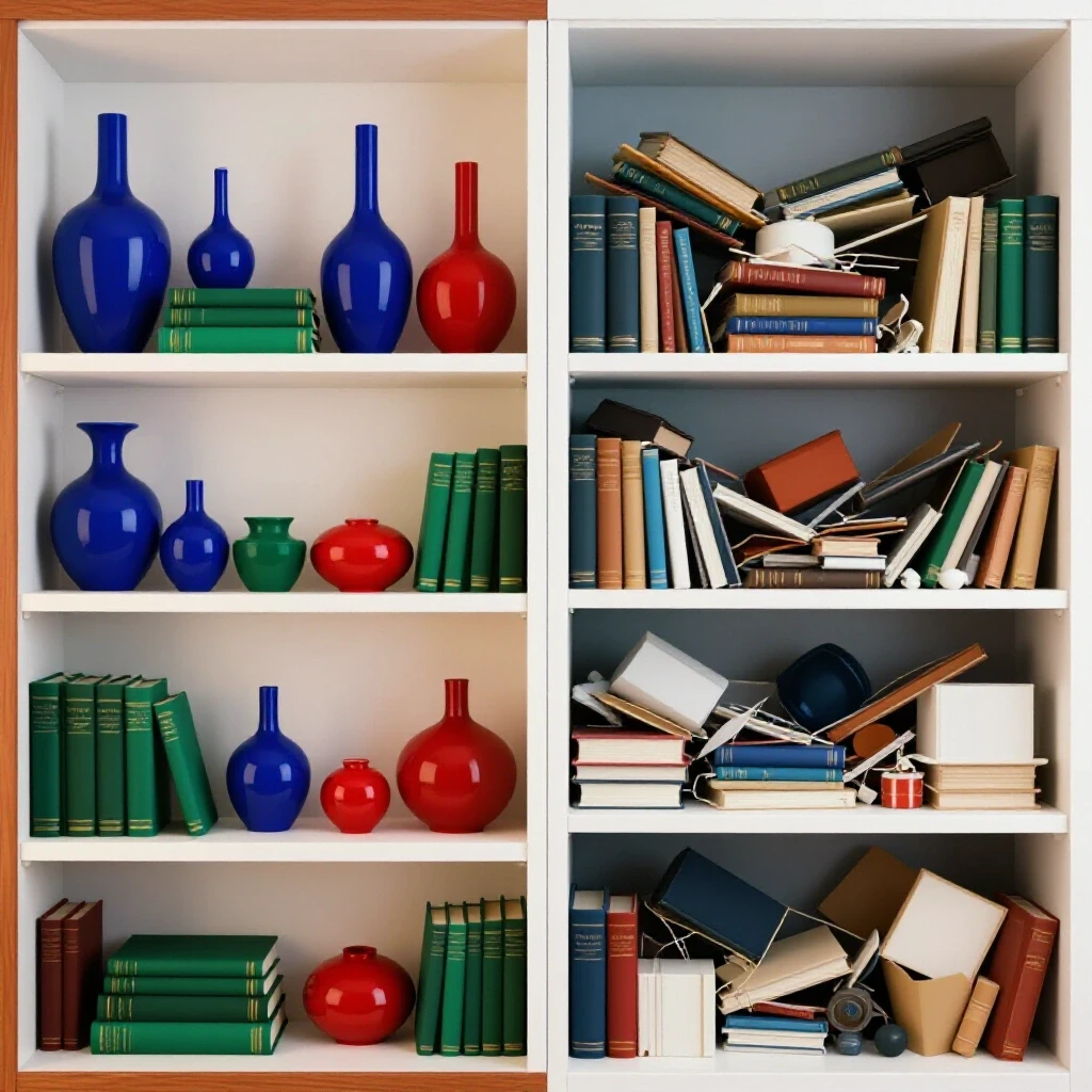 A split image of an organized shelf with warm colors contrasted against a chaotic shelf with cooler tones, illustrating balance and clutter.
