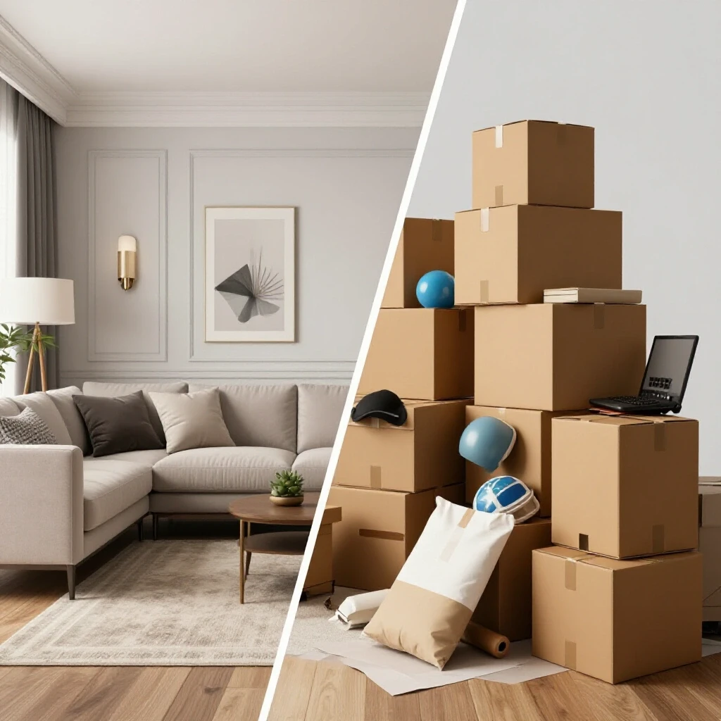 A visually striking image showing a stylish living space contrasted with a cluttered moving scene, highlighting home decor balance.