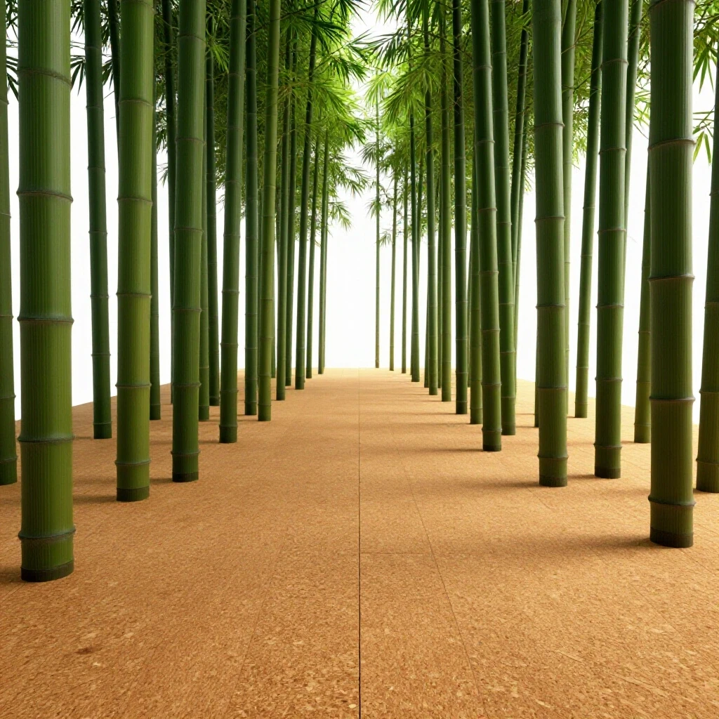 A tranquil bamboo forest on the left and warm cork flooring on the right, inviting comfort and contrast.