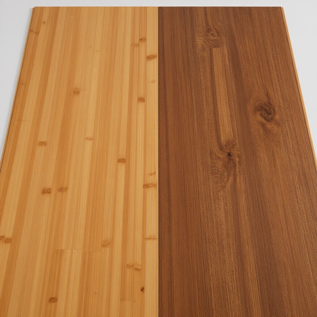 A split image showing a glossy bamboo floor and a textured oak floor with subtle wear effects, highlighting their durability.