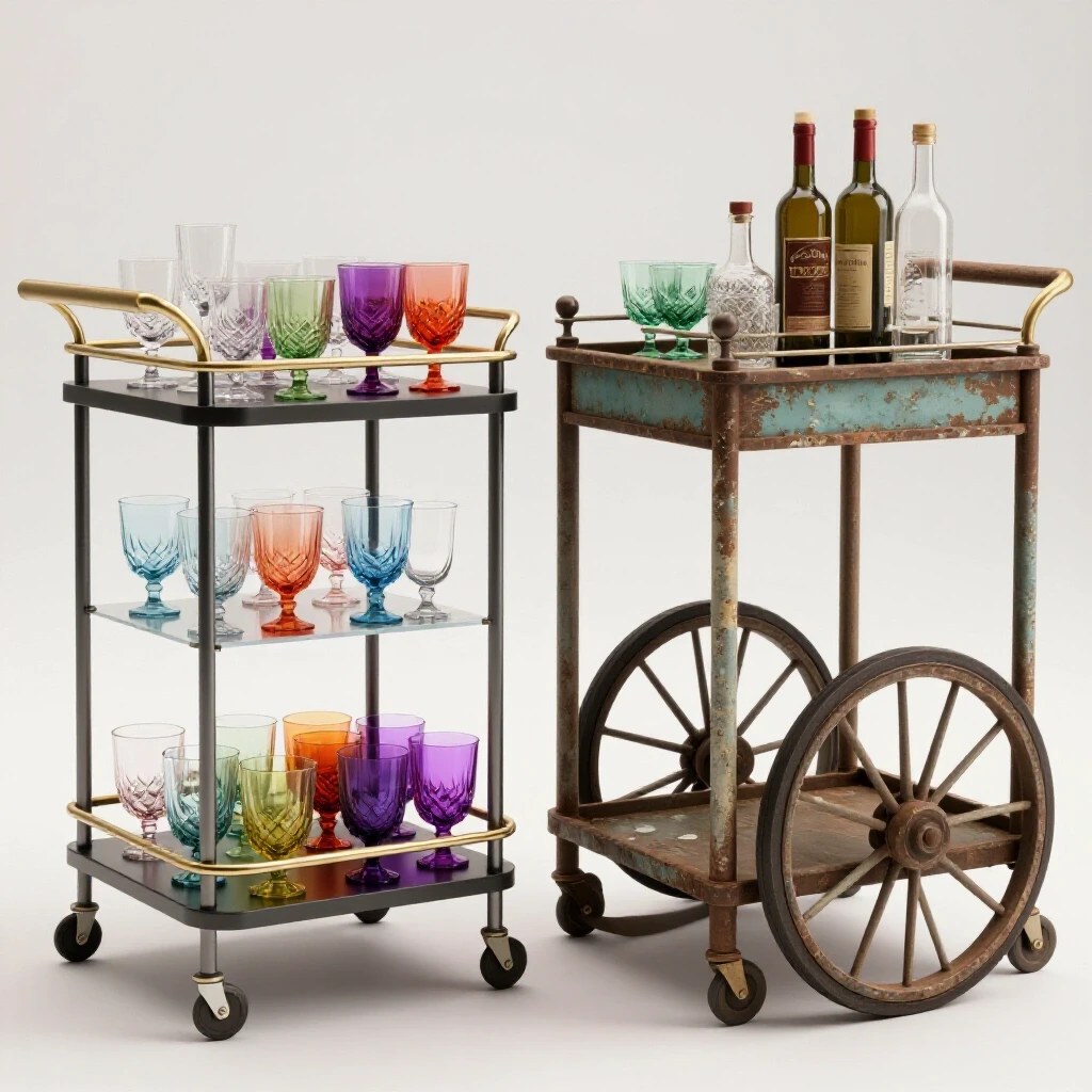 A polished bar cart comparison featuring a sleek modern cart and an aged version to showcase durability and style.