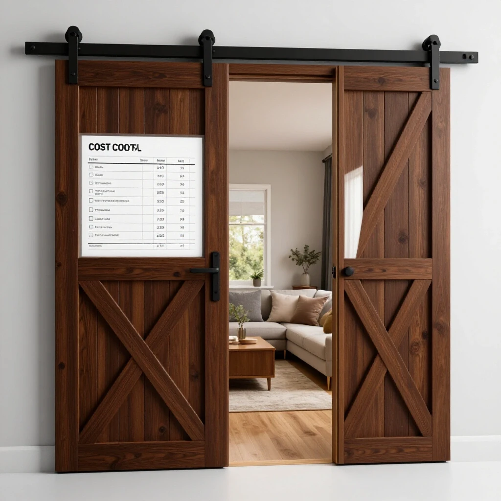 A rustic barn door partially open showcasing a modern room and a cost breakdown chart in a bright, clean setting.