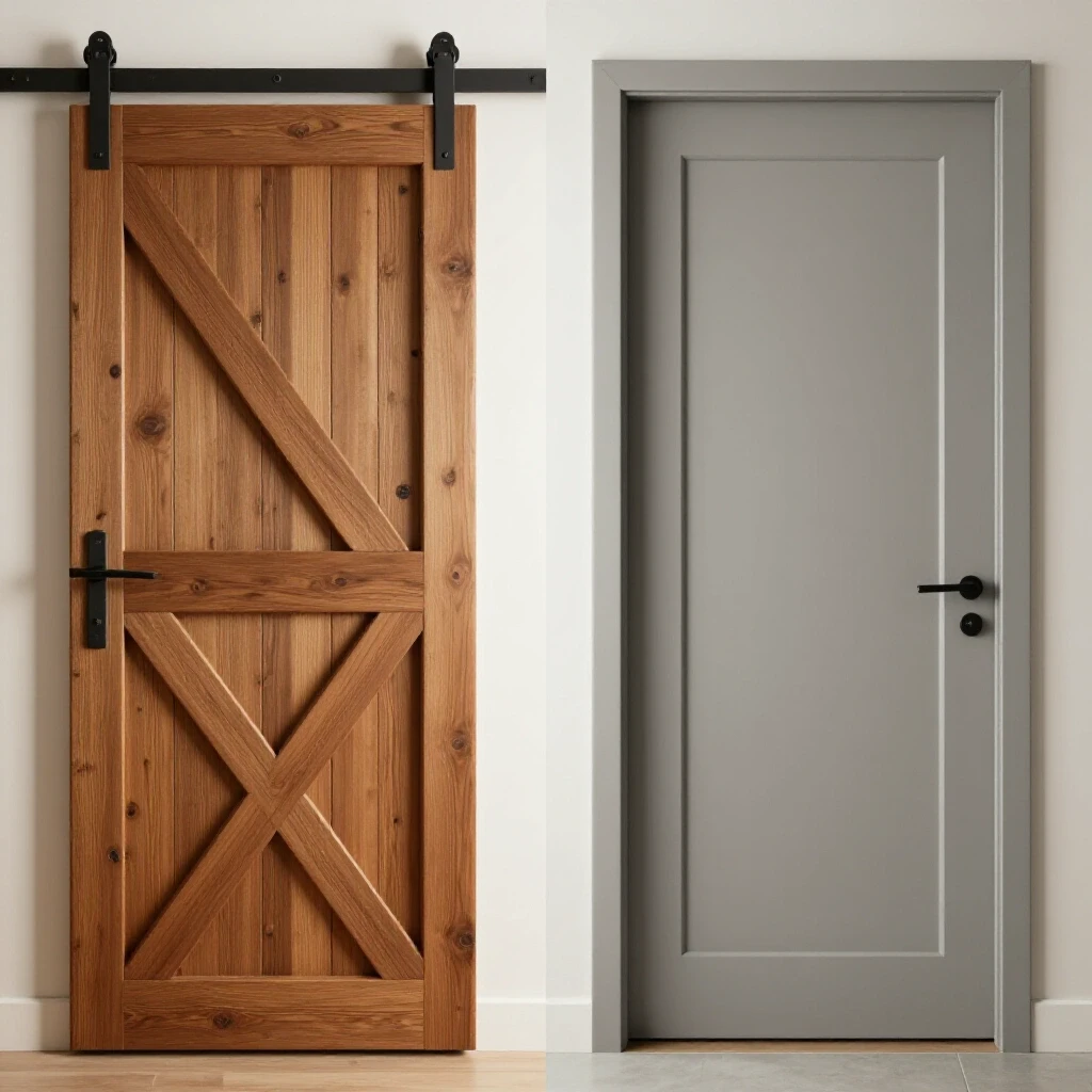 A split image showing a cozy rustic barn door and a sleek modern solid door, highlighting their contrasting styles.