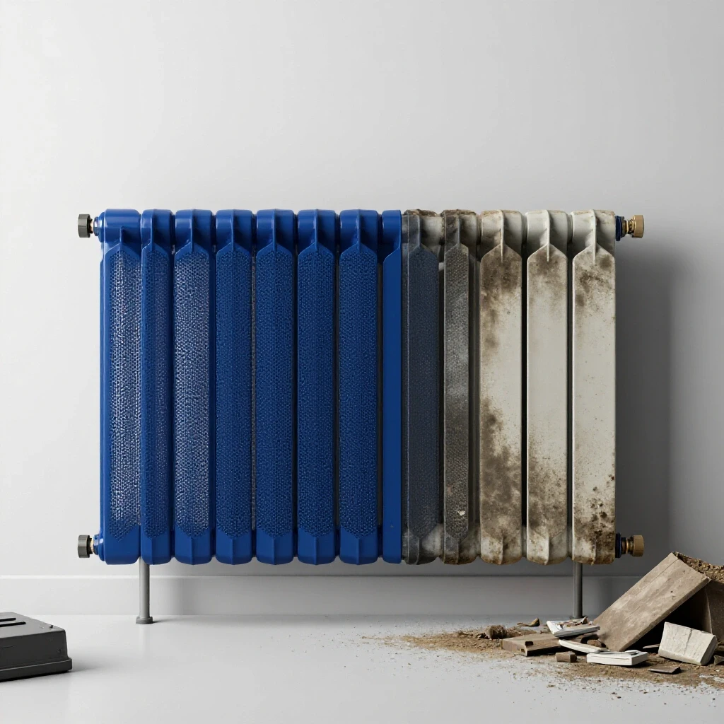 Comparison of a sleek, modern baseboard heater cover in a clean space with a dusty, outdated cover in a cluttered environment, highlighting the transformation.