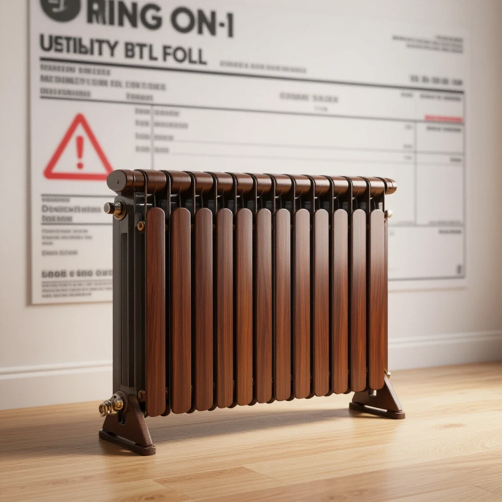 A cozy room with baseboard heaters contrasted by a looming utility bill in the background, emphasizing heating costs.