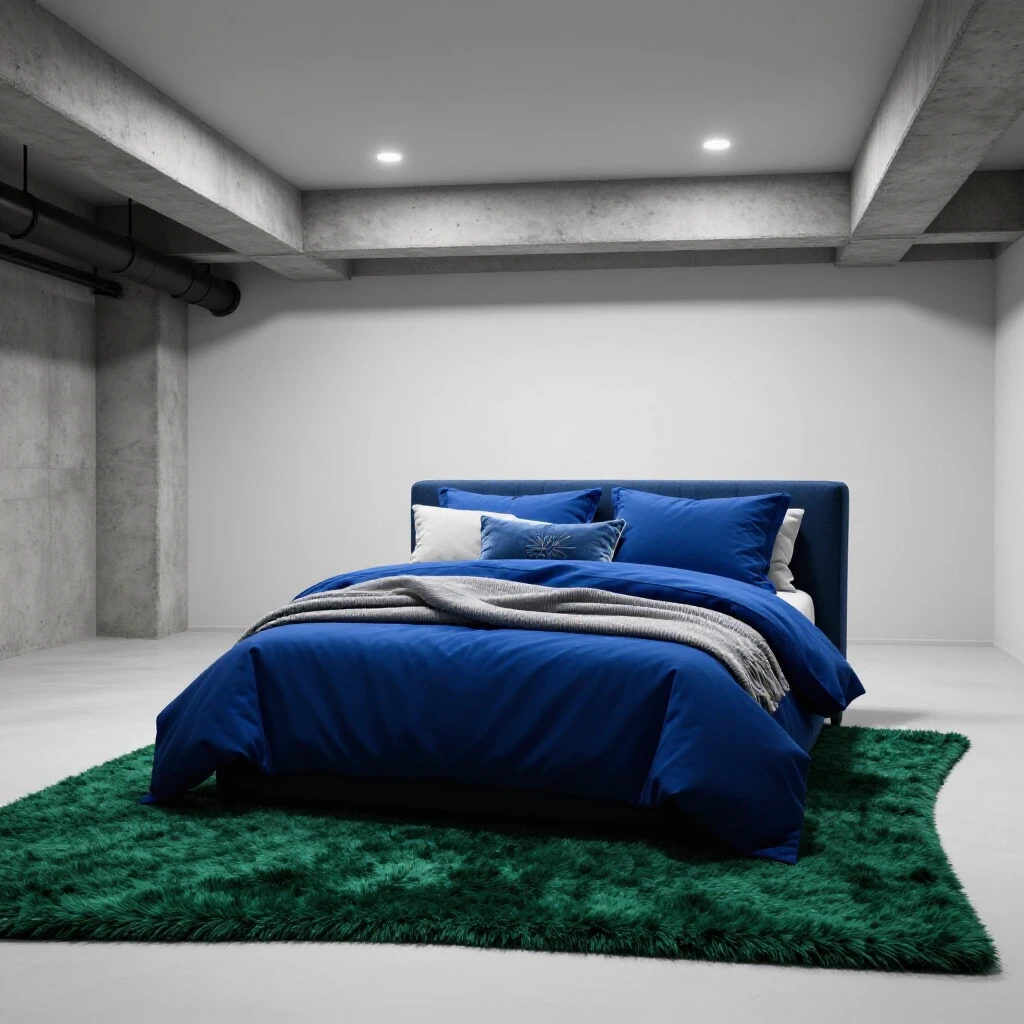 A beautiful basement bedroom with royal blue bedding and exposed concrete walls, showing a cozy transformation.