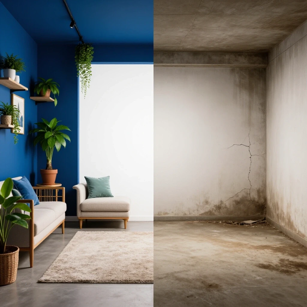 A split-image showing a transformed basement on the left and a neglected basement with cracks on the right, illustrating repair results after one year.