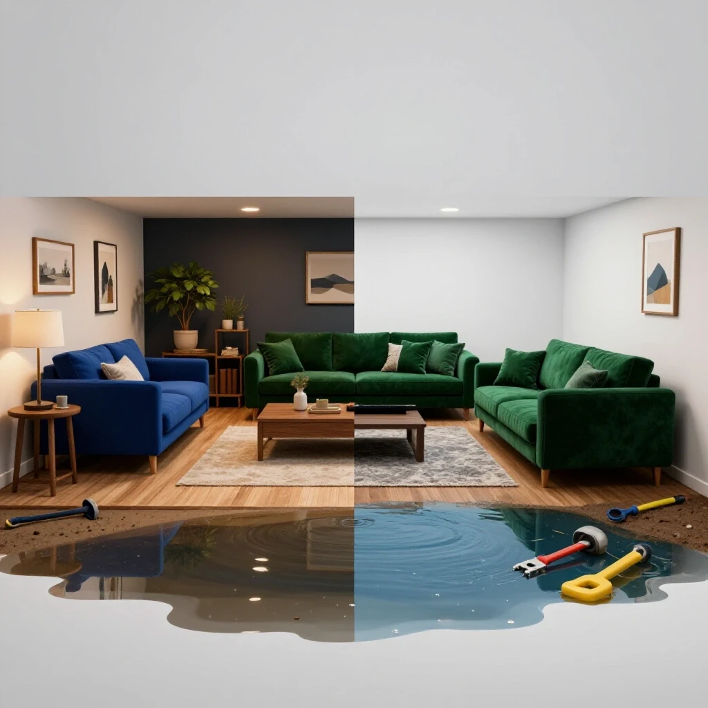A split-scene image showing a dry, well-decorated basement on one side and a flooded, disordered basement on the other, highlighting contrast in conditions.