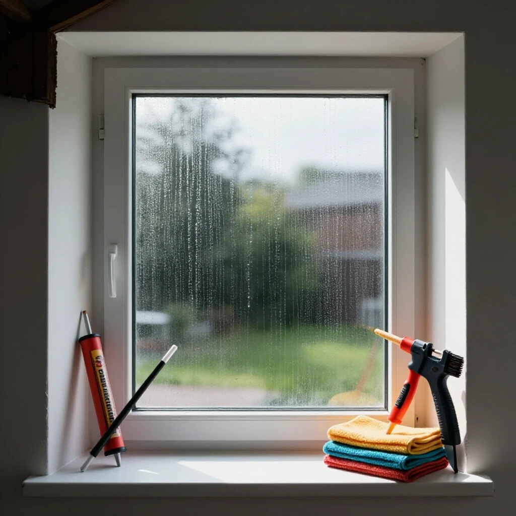 A basement window showing water damage inside contrasted with a sunny exterior, with a caulk gun and towels nearby for repair.