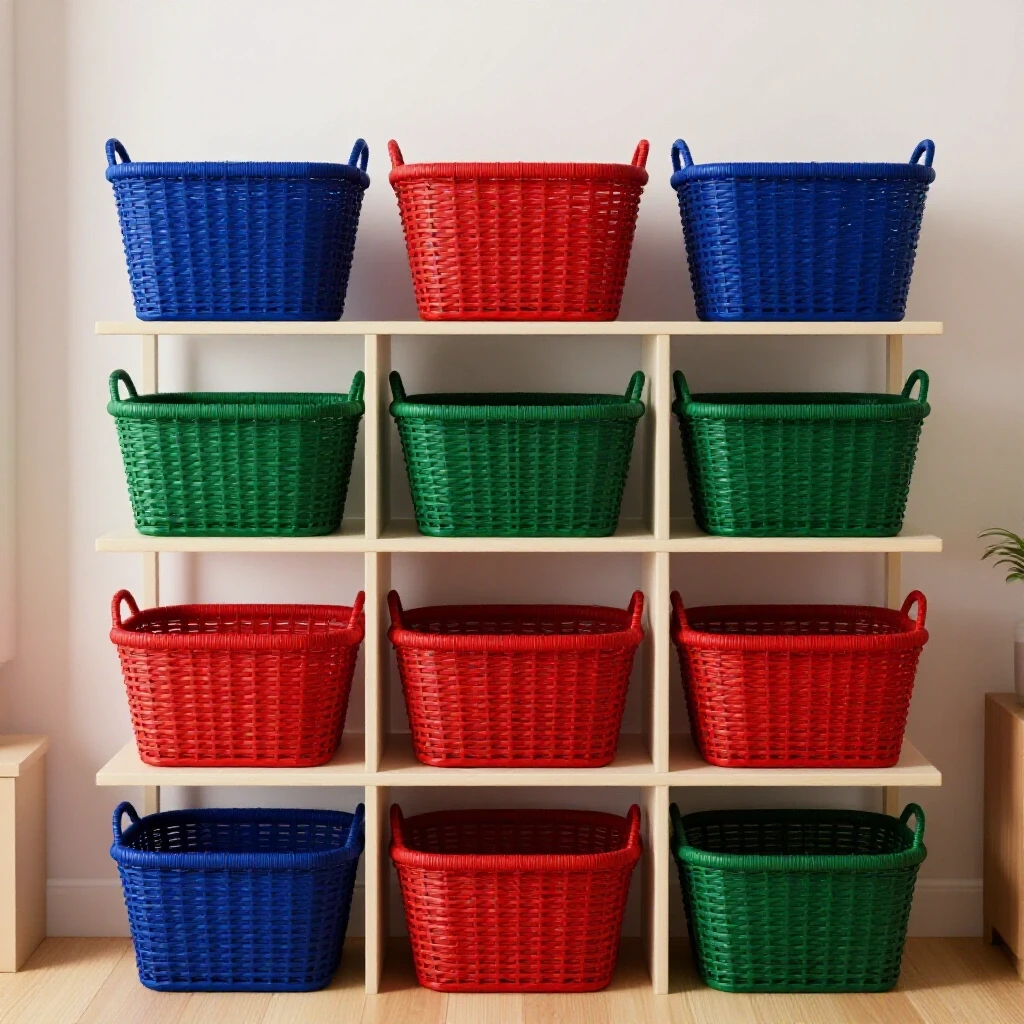 A beautifully arranged basket organization system in a cozy room, showcasing vibrant colors and textures against a soft backdrop.