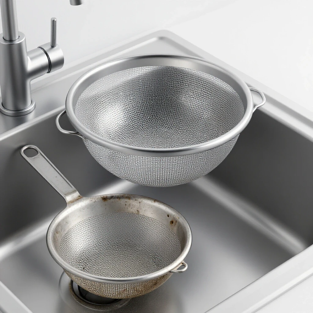 A new basket strainer being installed in a bright kitchen sink, showcasing contrast with an old strainer in the foreground.