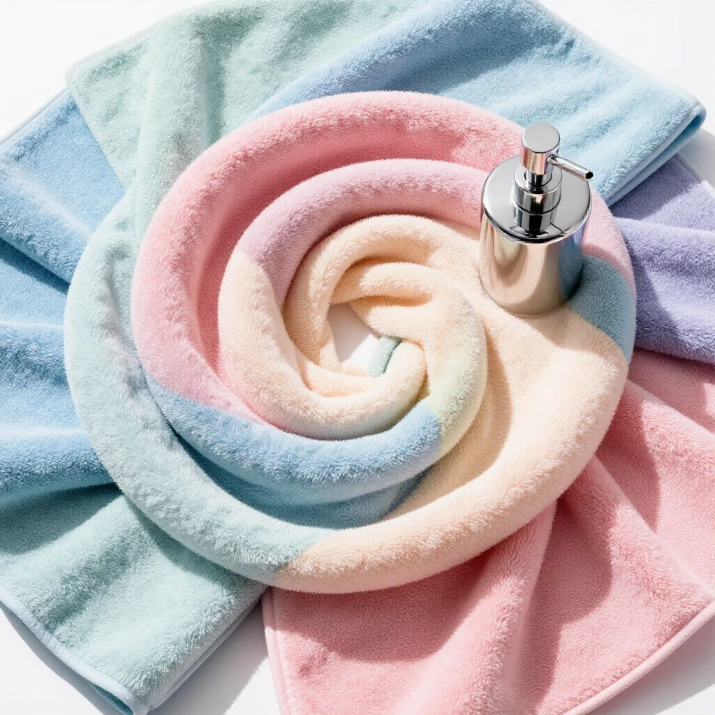 A spiral arrangement of plush pastel bath towels next to a shiny bathroom accessory in a well-lit space.
