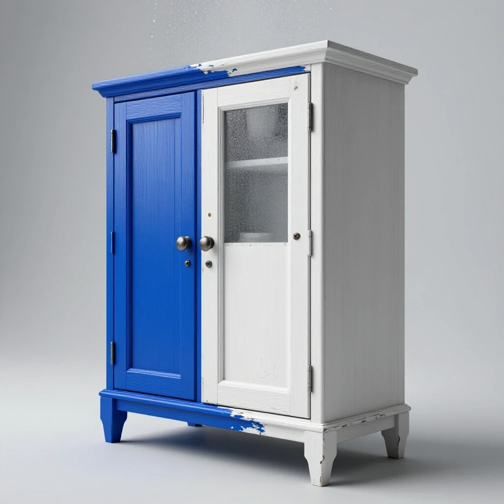 A dynamic contrast of a freshly painted vibrant blue bathroom cabinet next to a dull, peeling cabinet, with water droplets in the background.