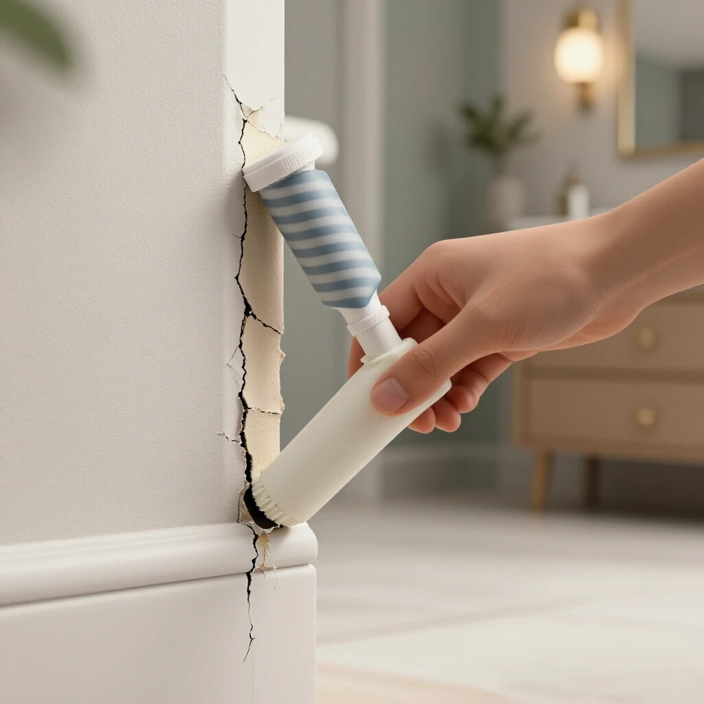 Close-up of a hand applying fresh caulk to a cracked joint in a stylish bathroom setting, symbolizing restoration.