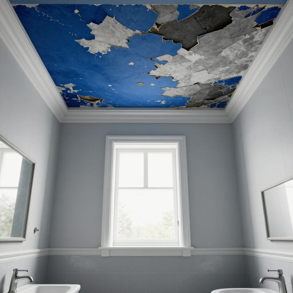 A visually striking depiction of a bathroom ceiling, half restored and half peeling, highlighting the transformation.