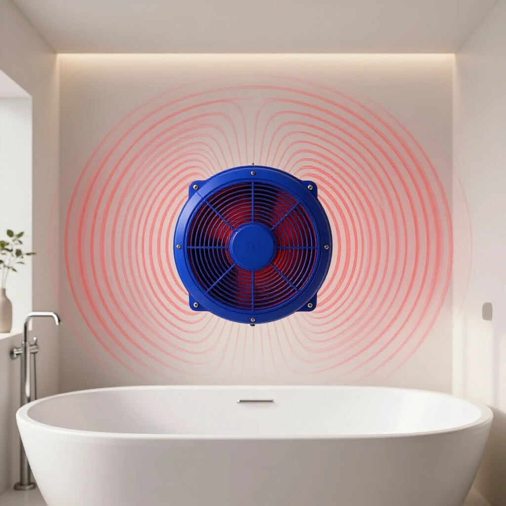 A modern bathroom with a deep blue exhaust fan emitting sound waves, showcasing contrast between serenity and chaos.