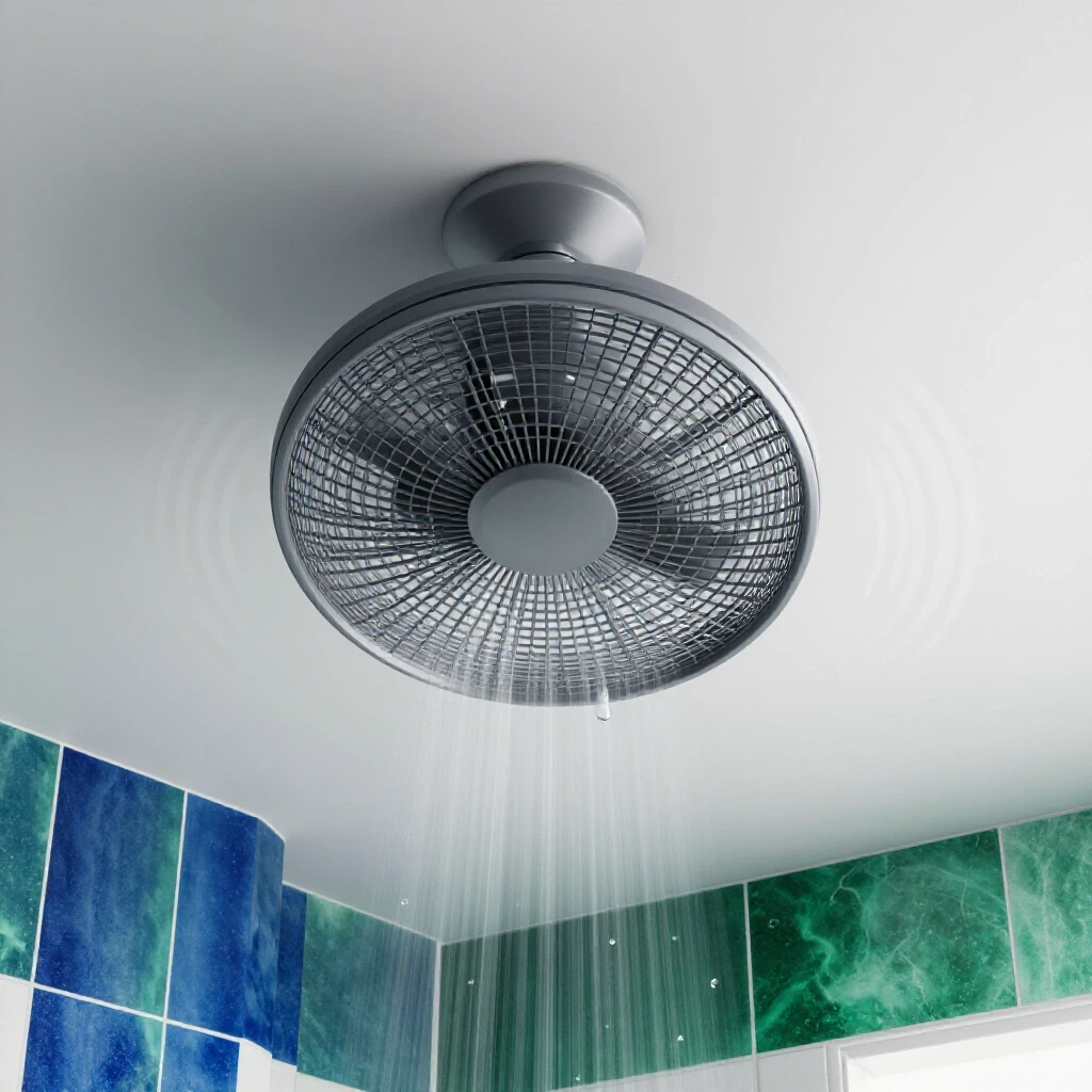 A serene modern bathroom showcasing a stylish fan with water droplets and sound waves, illustrating tranquility vs noise.