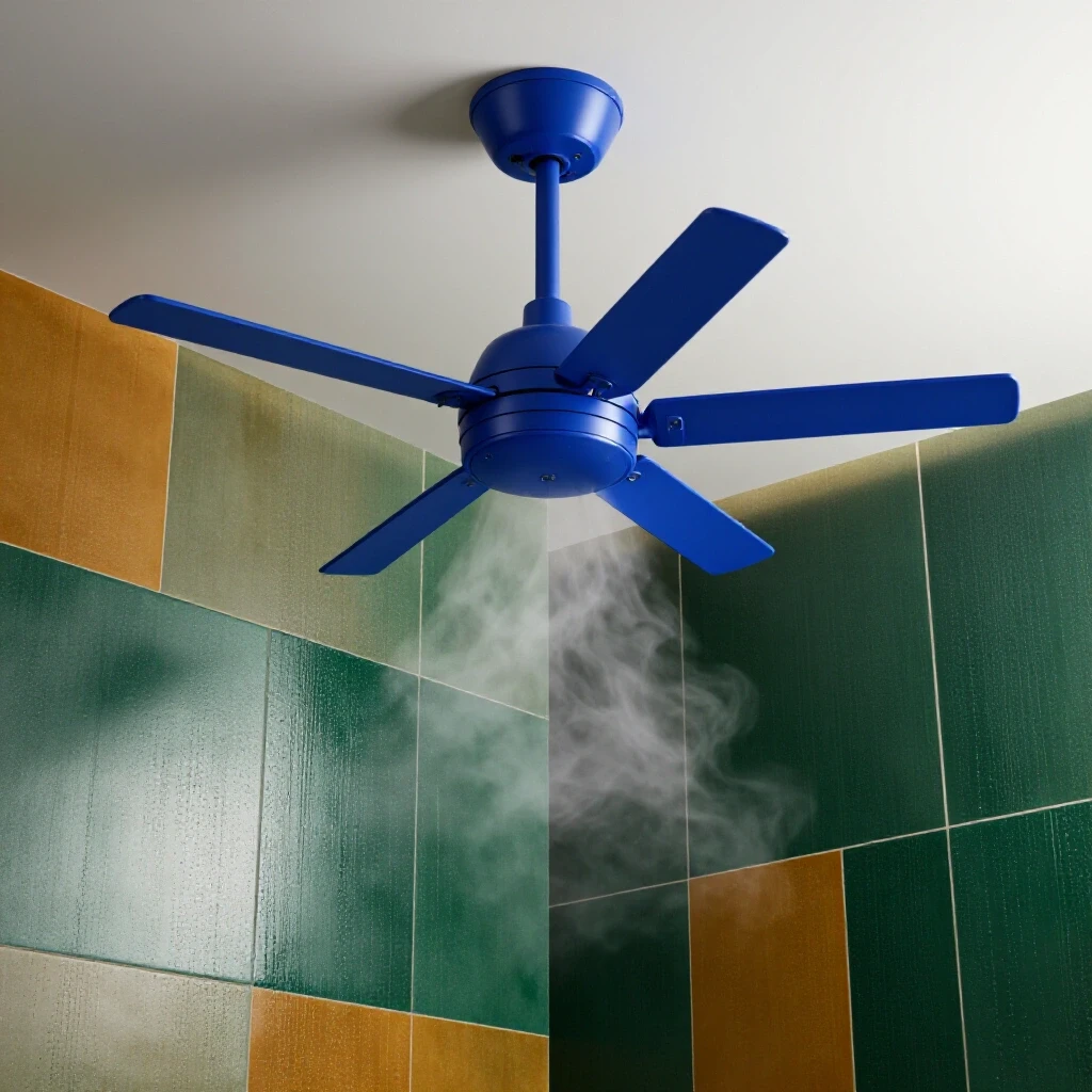 A modern bathroom featuring a stylish ceiling fan, showcasing moisture control with steam effects and contrasting dry and damp areas.