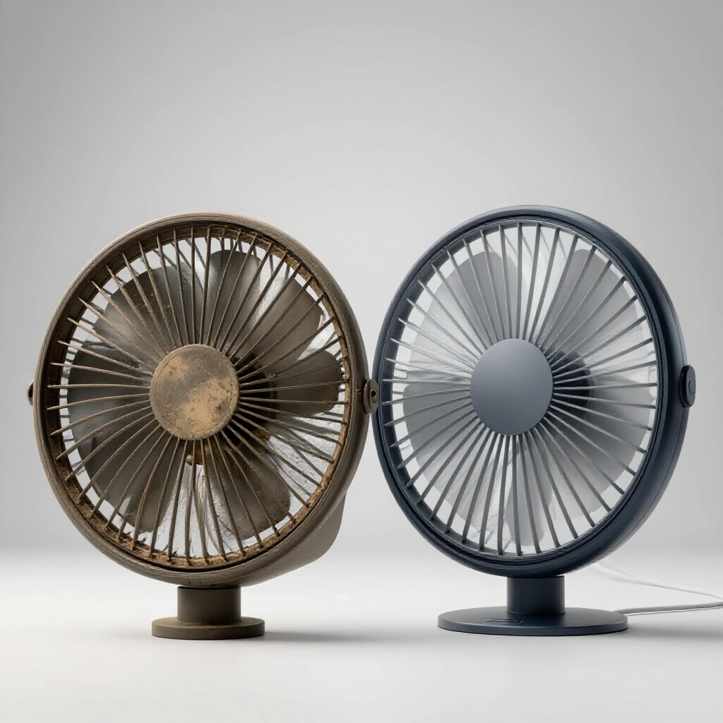 A side-by-side comparison of an outdated bathroom fan and a sleek modern fan in a minimalist bathroom setting.