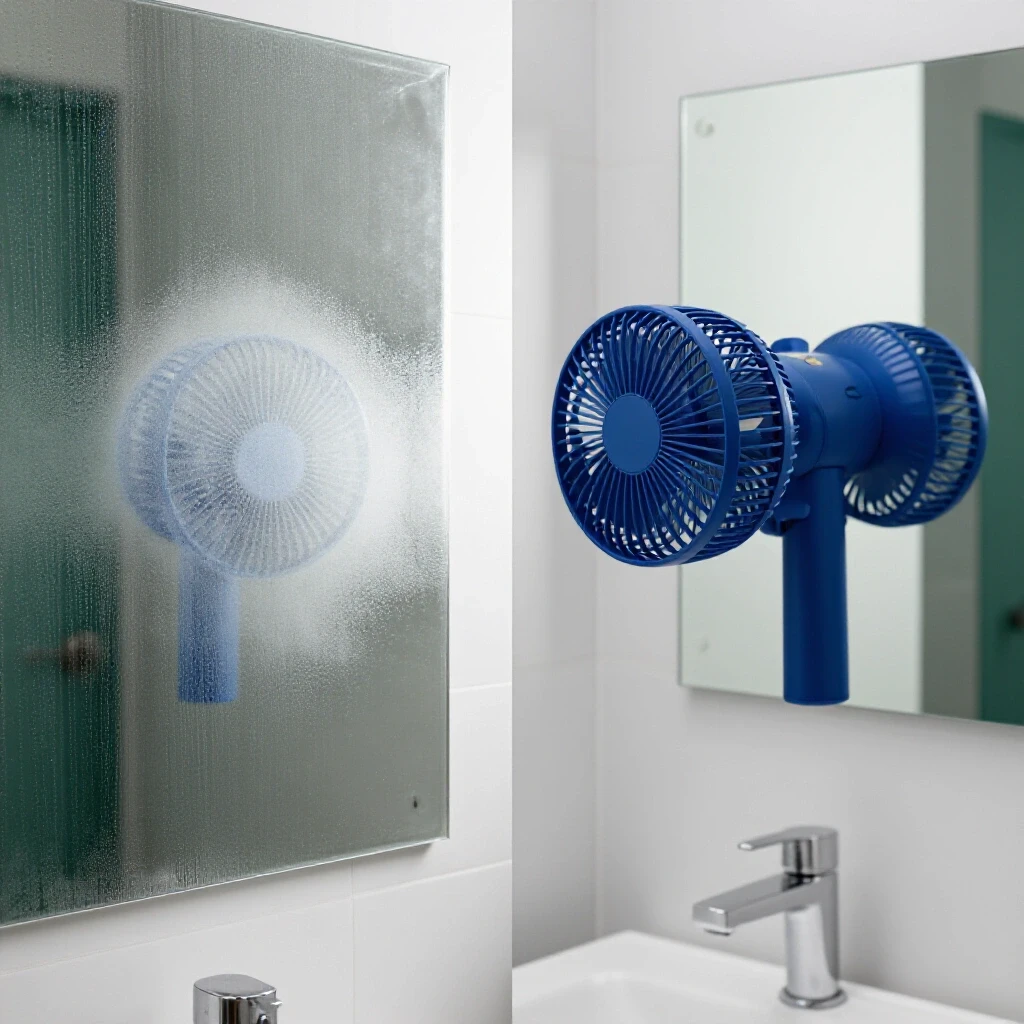A split view of a bathroom showing a foggy mirror and faulty fan on one side, contrasting with a clear mirror and sleek fan on the other side.