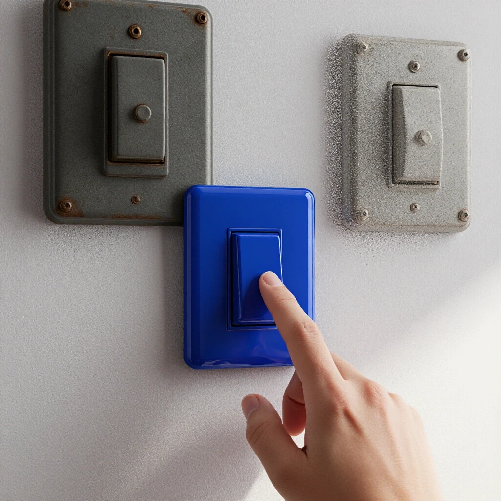 Close-up of a modern blue light switch with a hand reaching for it, contrasted against an old light switch in the background.