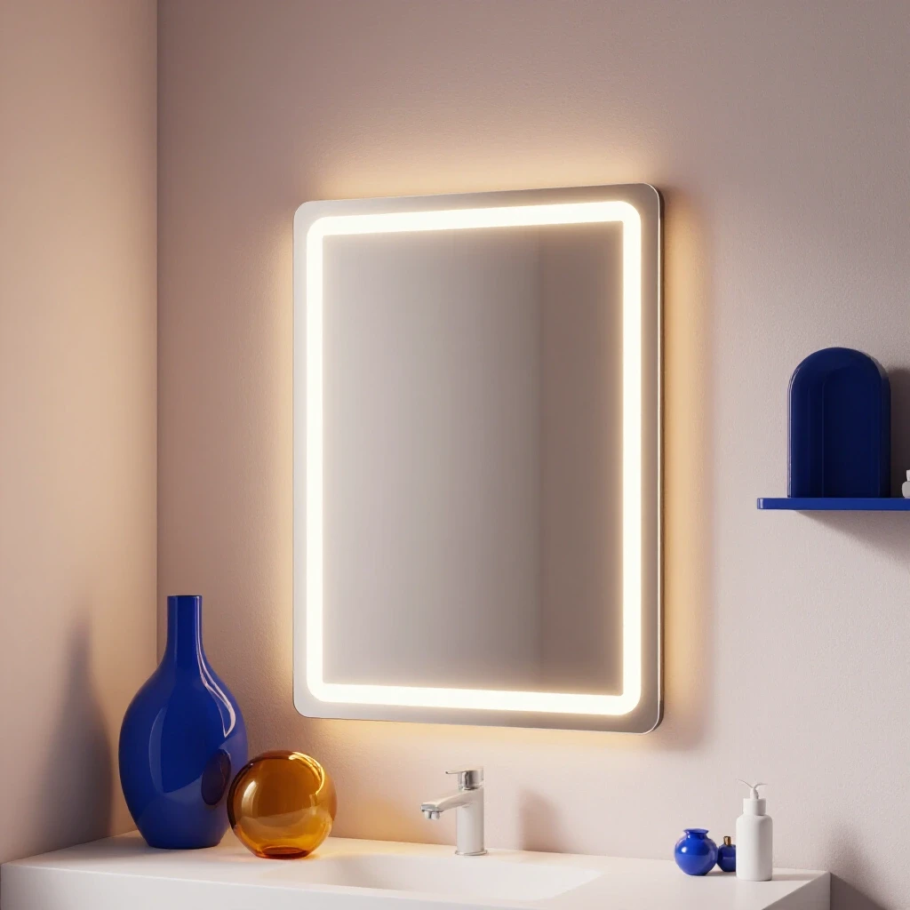 Stylish bathroom featuring a glowing modern mirror light that enhances the inviting decor.