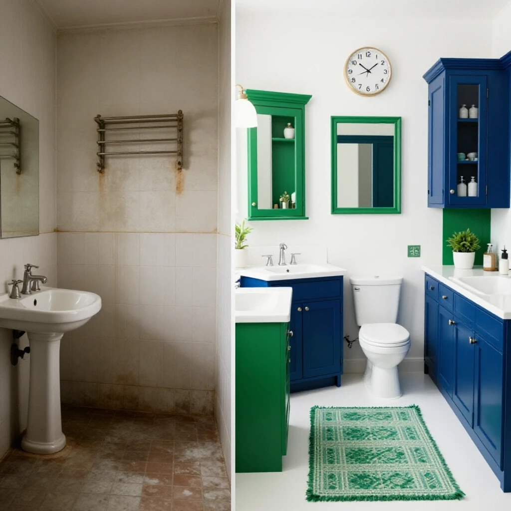 A split image showcasing a dull bathroom transformation into a vibrant, renovated space, illustrating weekend project ideas.
