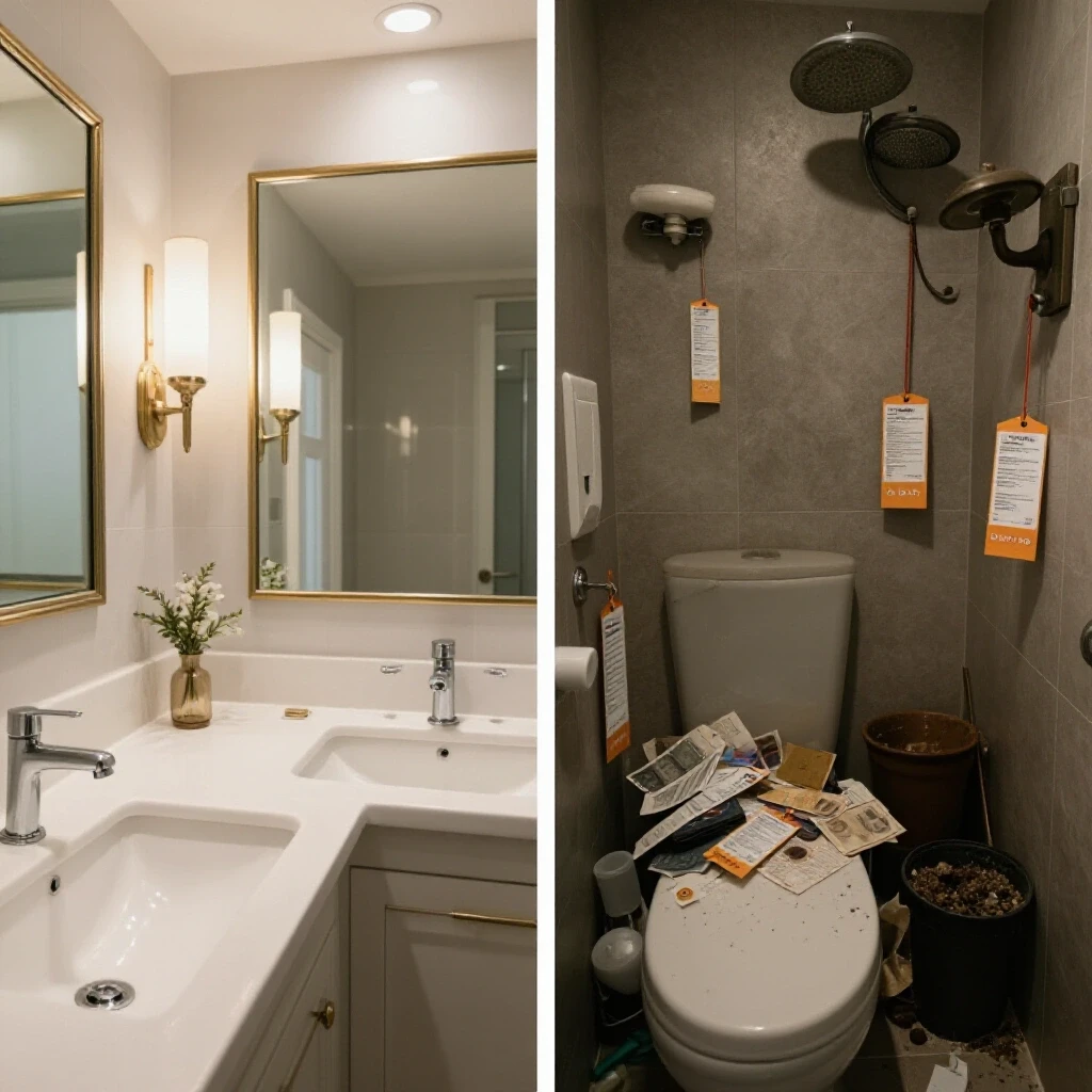 Split-screen image contrasting a luxurious recently remodeled bathroom with a budget-friendly cluttered setup, highlighting renovation costs.