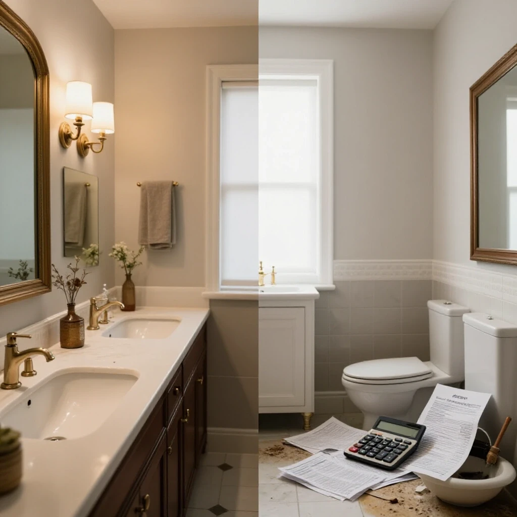 A split image showing a luxurious remodeled bathroom versus a cluttered outdated bathroom, highlighting renovation costs.