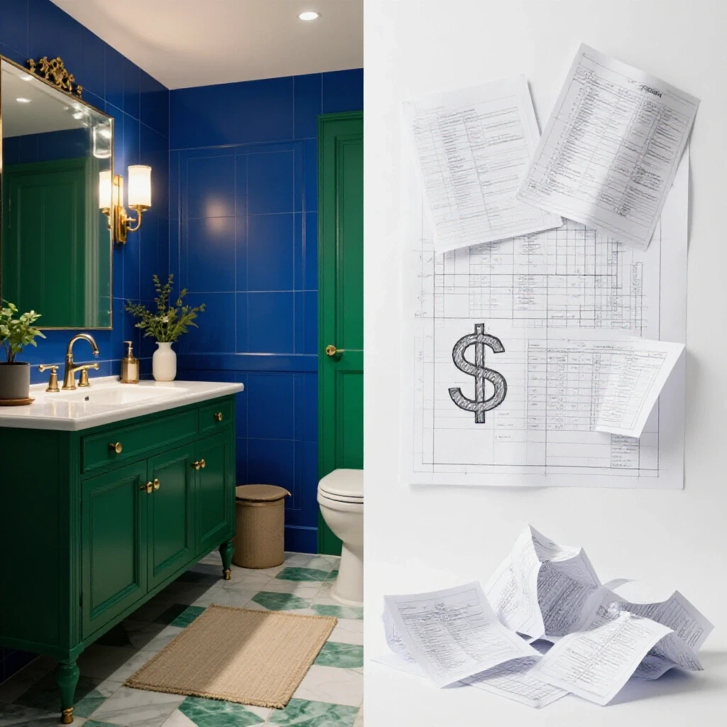 A split image showing a renovated bathroom filled with luxurious colors and finishes against a chaotic budget scenario with blueprints and dollar signs.