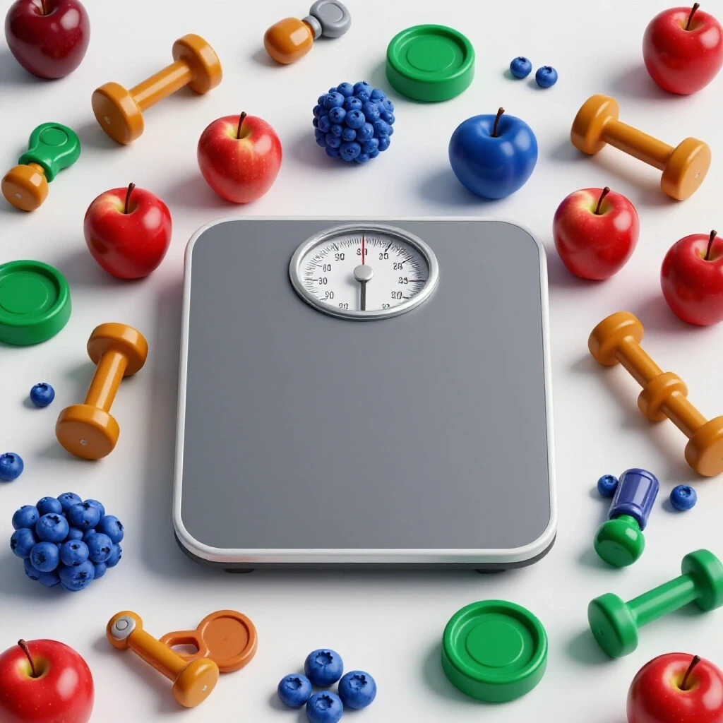 A bathroom scale surrounded by colorful weights including fruits and dumbbells on a bright background, highlighting measurement unpredictability.