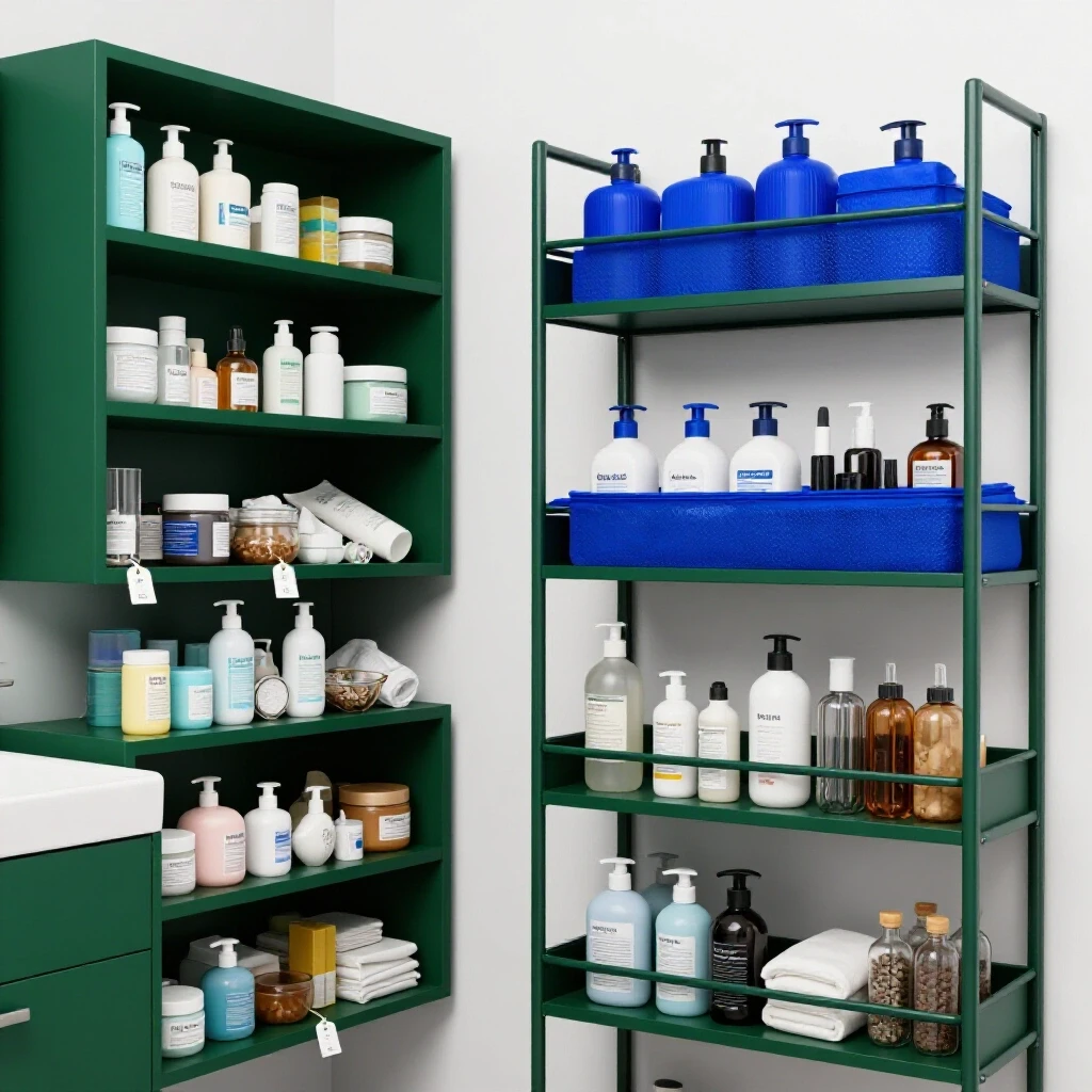 A visually striking comparison of a cluttered bathroom filled with items and a well-organized space showcasing innovative storage solutions.