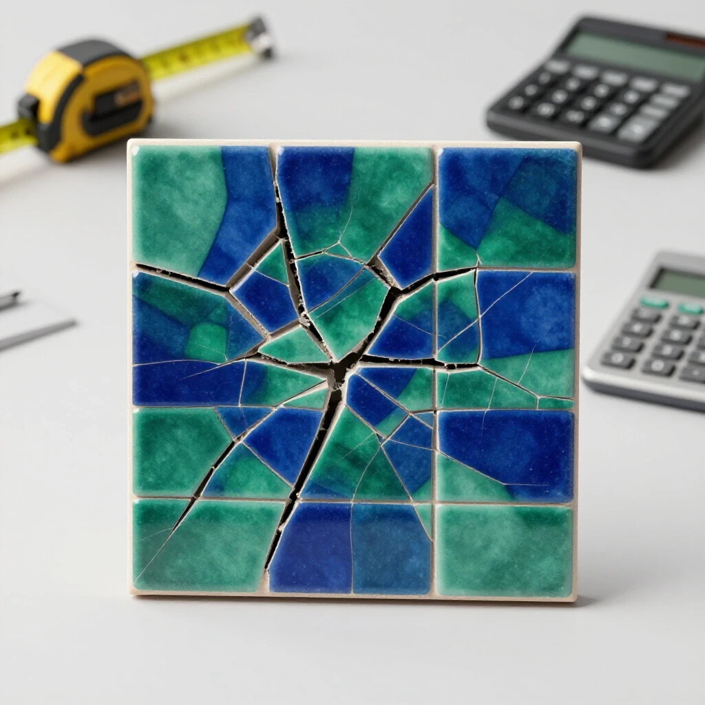 A broken tile next to a newly repaired tile, with a measuring tape and calculator in a bright studio setting.