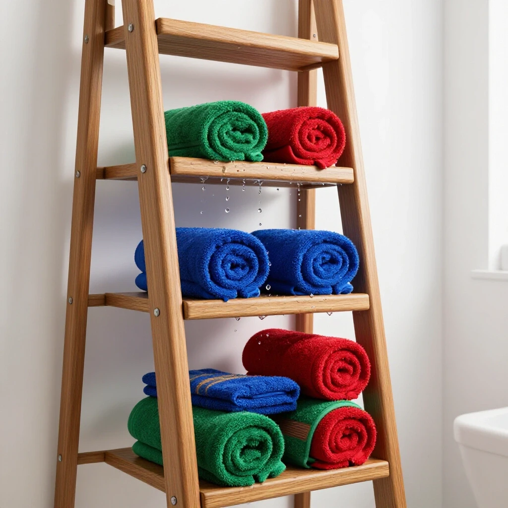 Rustic wooden towel ladder with vibrant rolled towels in a bright, airy bathroom, showcasing moisture resistance.