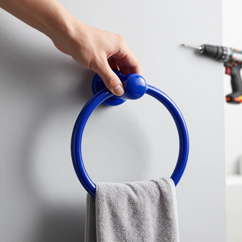Close-up of a royal blue towel ring mounted on a textured wall with tools in the background, inviting DIY installation.