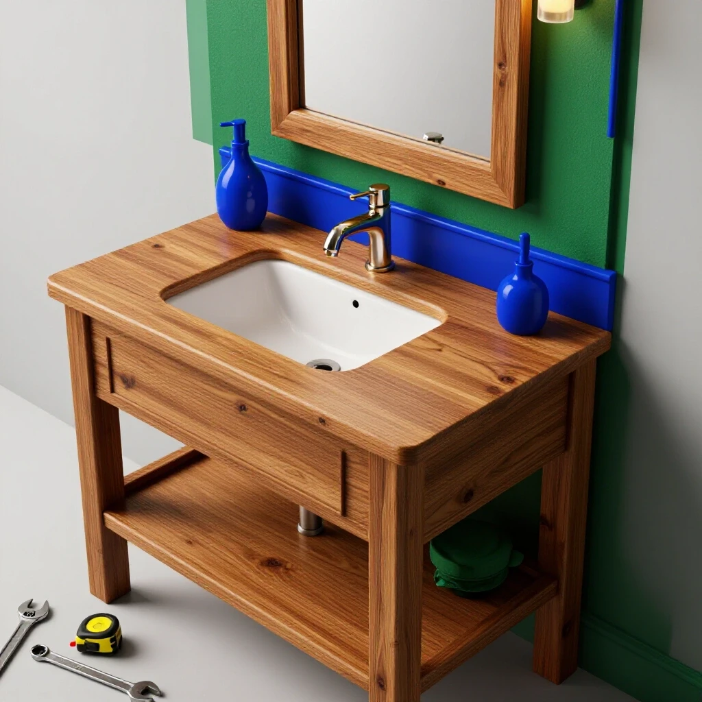 A vibrant and inviting bathroom scene featuring a partially installed rustic wooden vanity with a shiny faucet and plumbing tools in the foreground.
