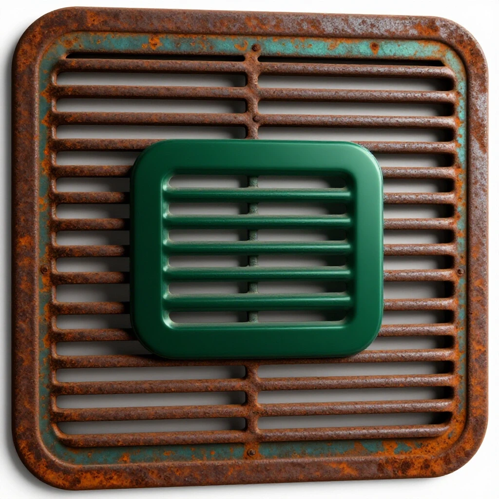 A close-up of a rusty bathroom vent cover beside a modern replacement, showcasing texture and color contrast in a bright setting.