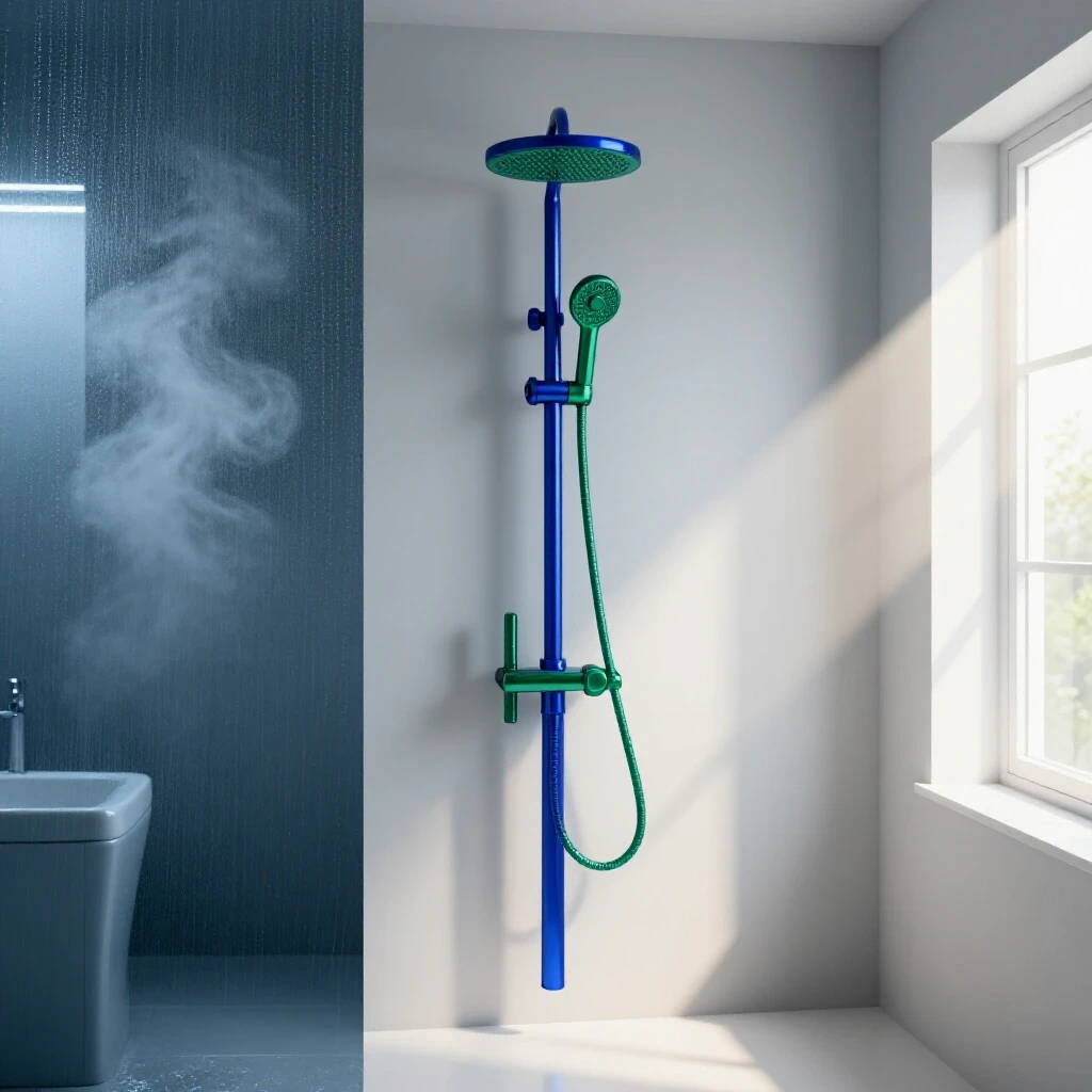 A split-image of a humid bathroom with steam on one side and a bright airy bathroom with sunlight on the other, emphasizing ventilation improvements.