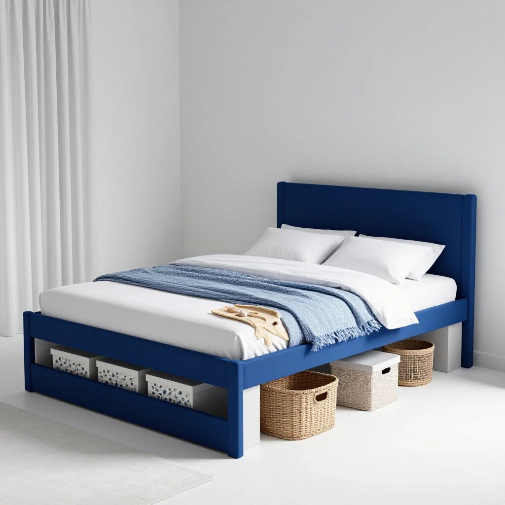 Cozy small bedroom featuring a royal blue bed frame with storage and decorative boxes beneath, set in a bright, clean studio.