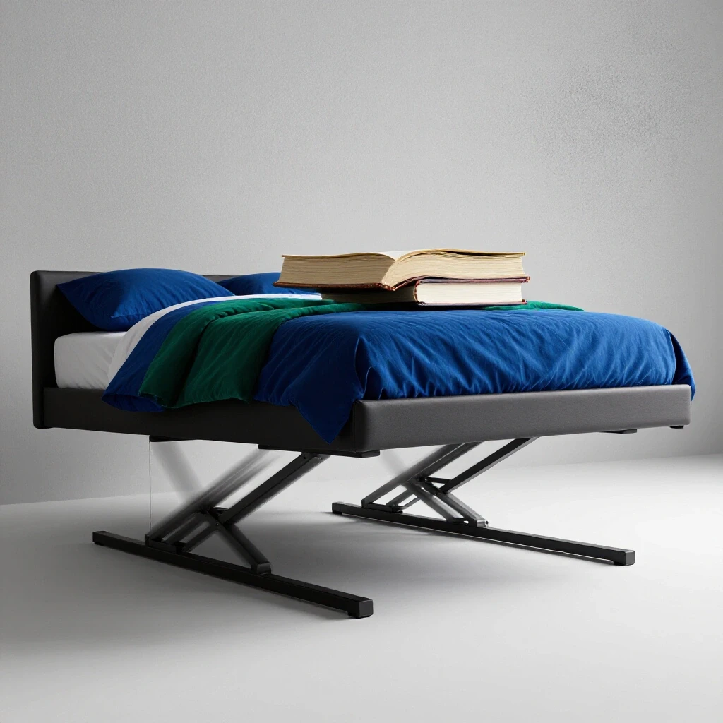 A close-up of a beautifully styled elevated bed with bed risers, showcasing a heavy book balanced on top to symbolize strength.
