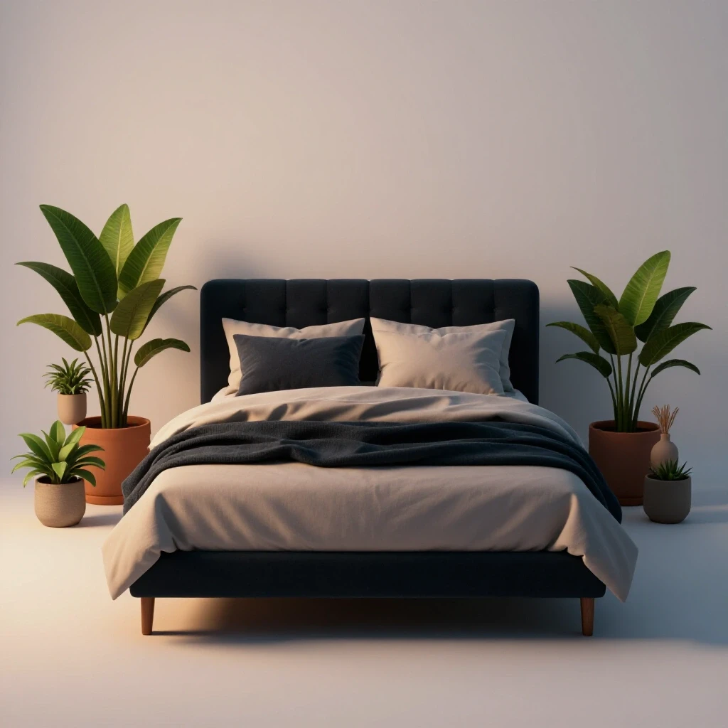 A serene bedroom at dusk with an unmade bed and calming decor elements, evoking tranquility for better sleep.