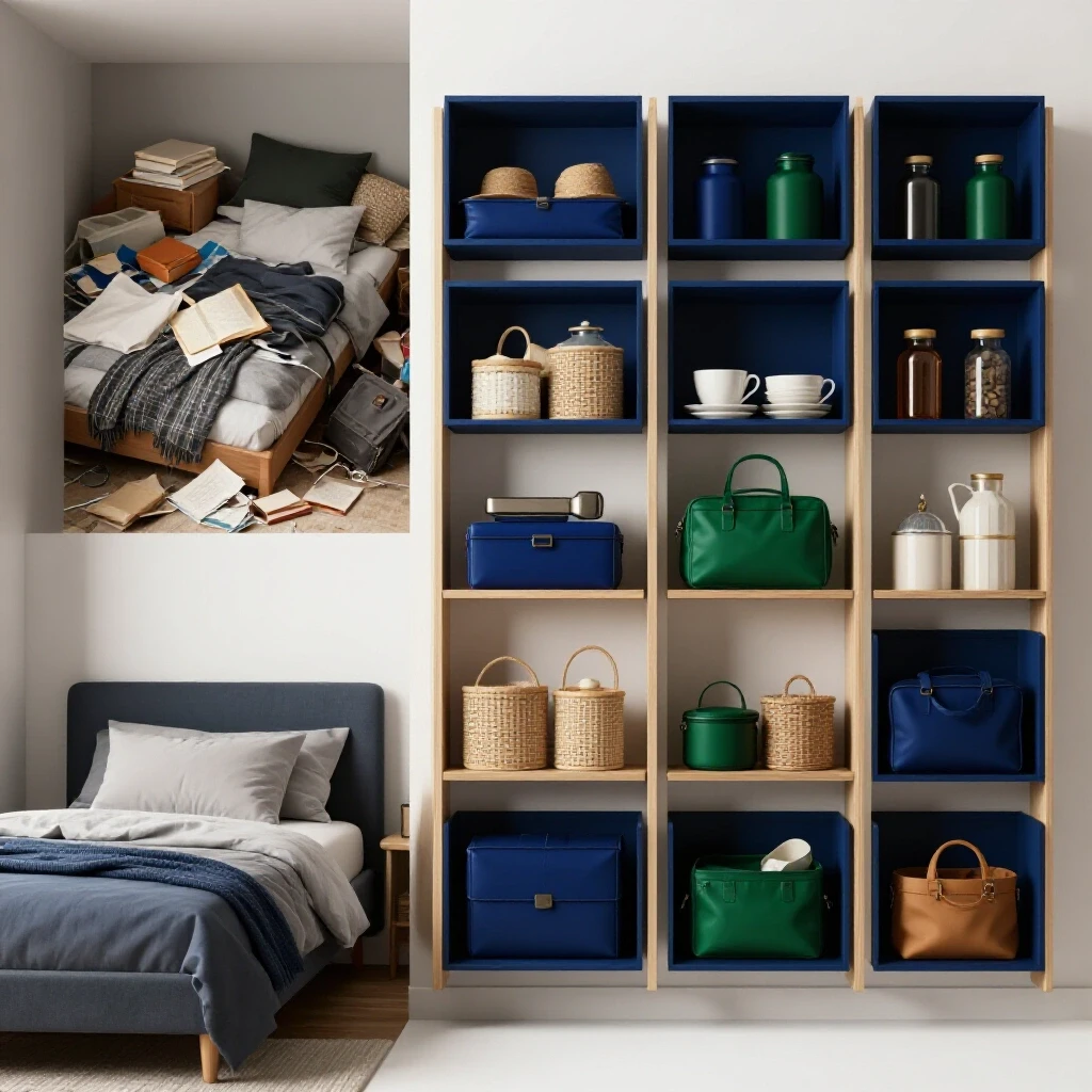 A striking split-screen image of a cluttered bedroom on one side and a neat storage wall on the other, illustrating organization tips.