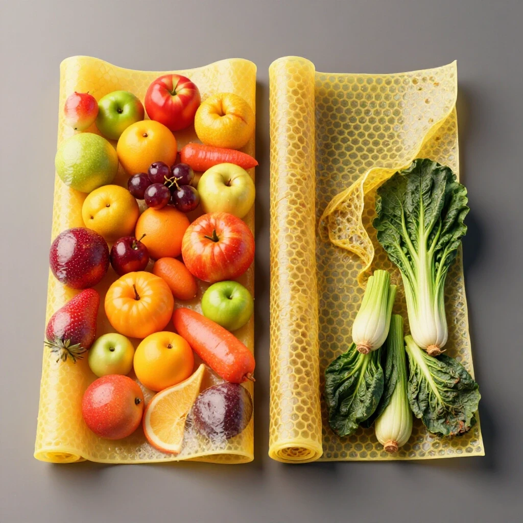 A split image showing a fresh beeswax wrap over vibrant fruits on one side and the same wrap crumpled next to wilted veggies on the other, illustrating freshness vs decay.