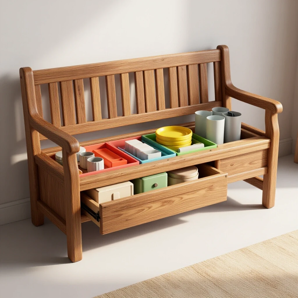 A beautifully crafted bench seat with hidden storage revealed, set in a sunlit living space with a cozy atmosphere.