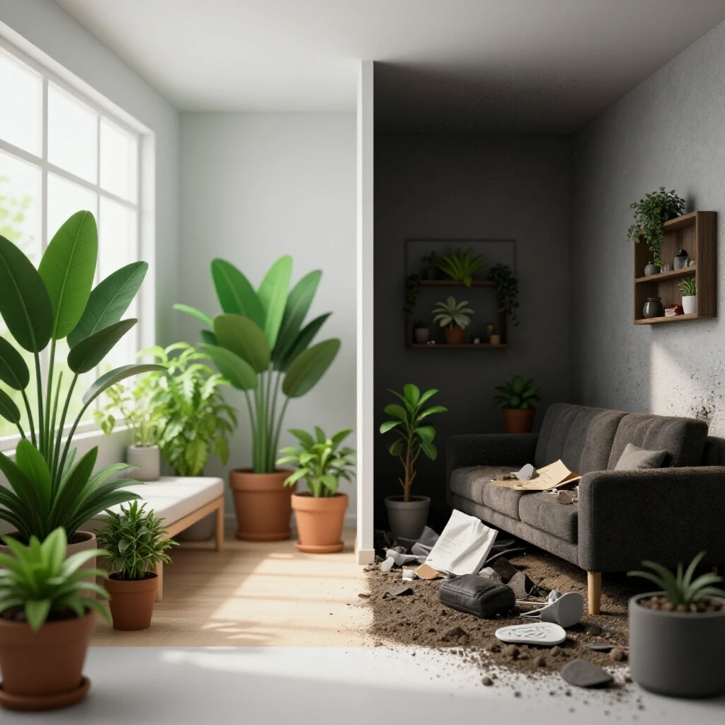 A visual comparison of a clean, bright room with plants versus a cluttered, dusty room, illustrating air purifier effectiveness.
