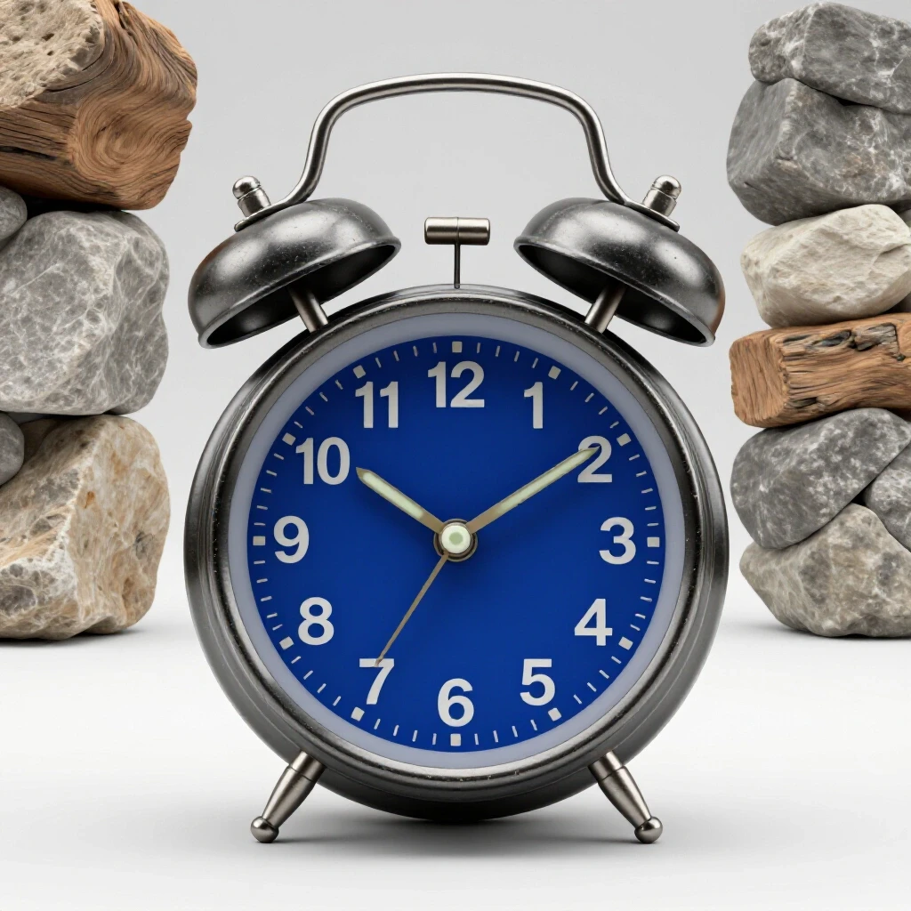Vintage alarm clock showcasing durability and charm against natural wood and stone backdrop.