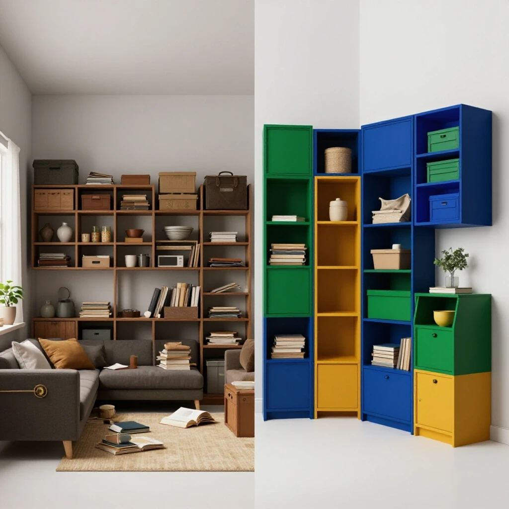 A split-screen comparison showing a cluttered space with ineffective storage on one side and a beautifully organized area with innovative storage solutions on the other.
