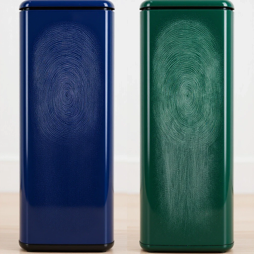 A split image comparing a glossy fingerprint-resistant appliance finish against a smudged version, highlighting maintenance differences.