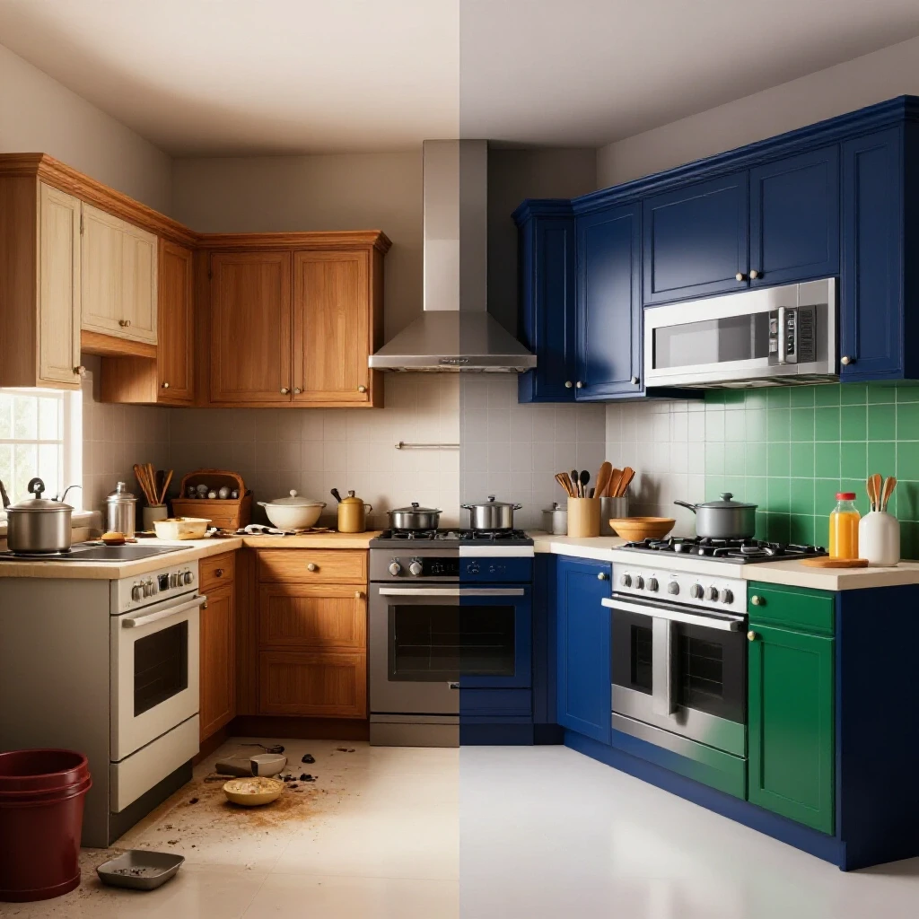 A striking split view of an outdated kitchen on the left and a modern kitchen with new appliances on the right, showcasing transformation.