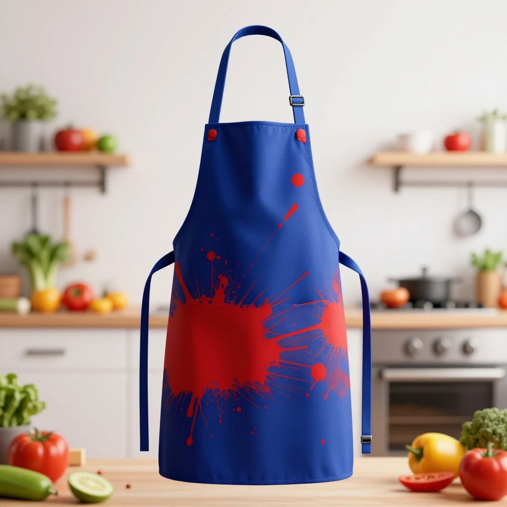 A vibrant, splattered apron prominently displayed in a bright kitchen, evoking a sense of exciting cooking adventures.